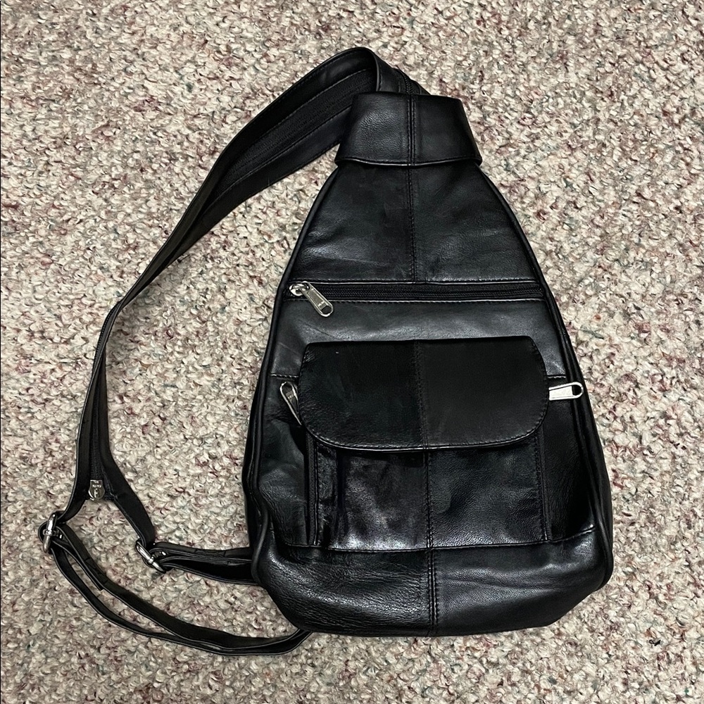 Vintage Black Leather Sling / back pack style Bag- new